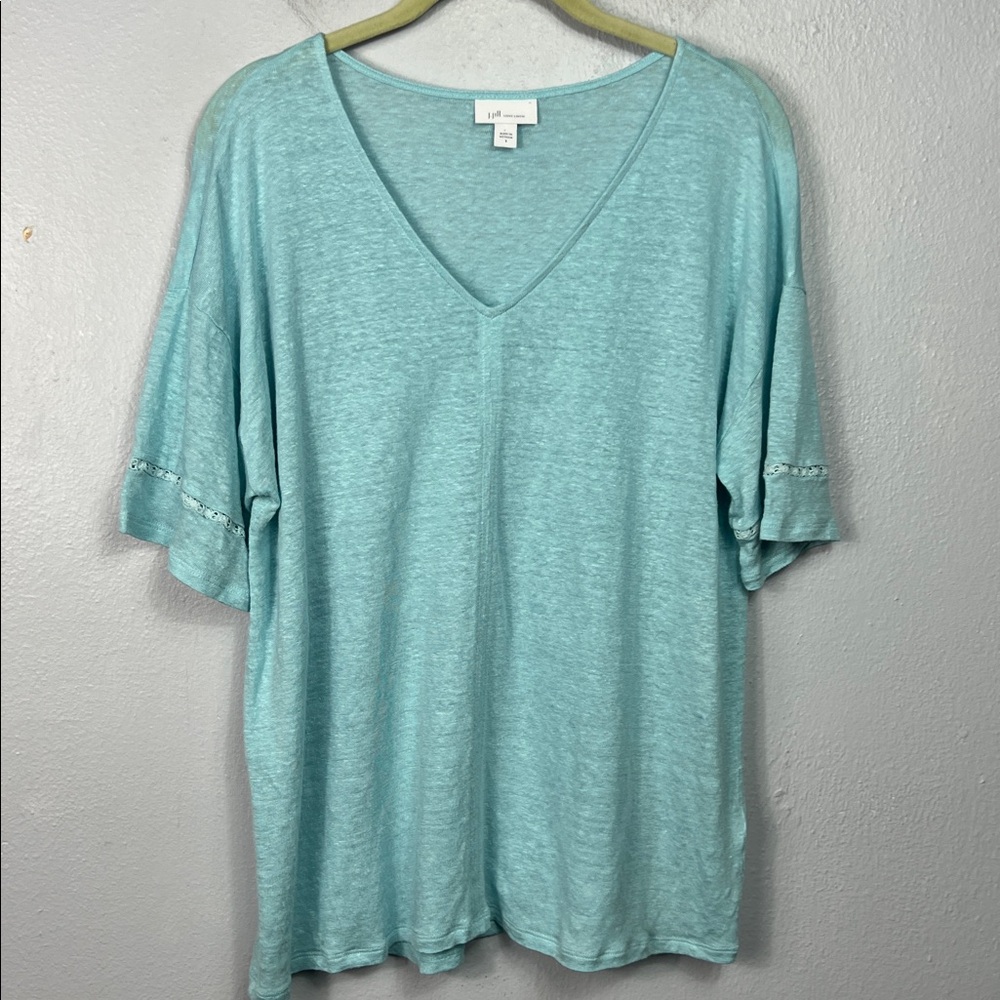 J. Jill Love Linen Aqua Light Blue Short Sleeve V-Neck Top Small